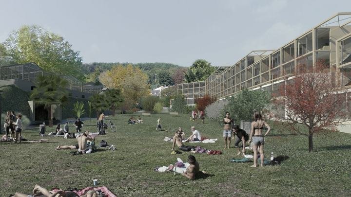 Viveros de Ulía: vista del jardín y del edificio escalonado